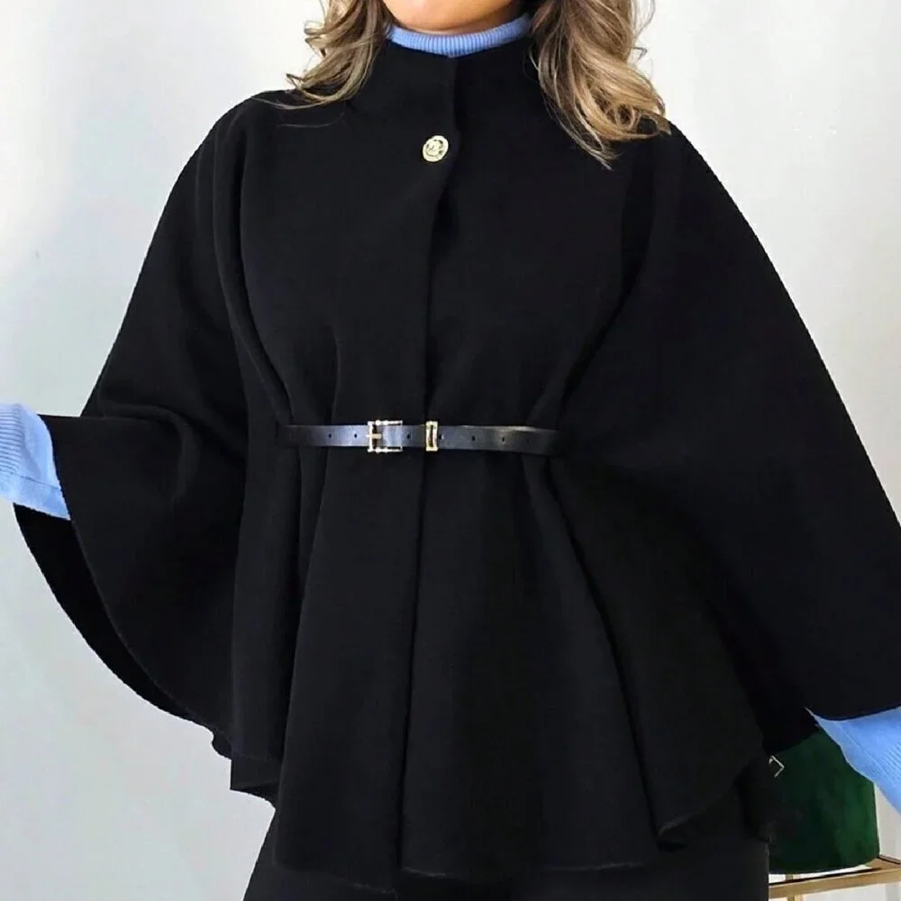 Black Casual Women's Elegant Stand Collar Loose fit belted Coat Jacket